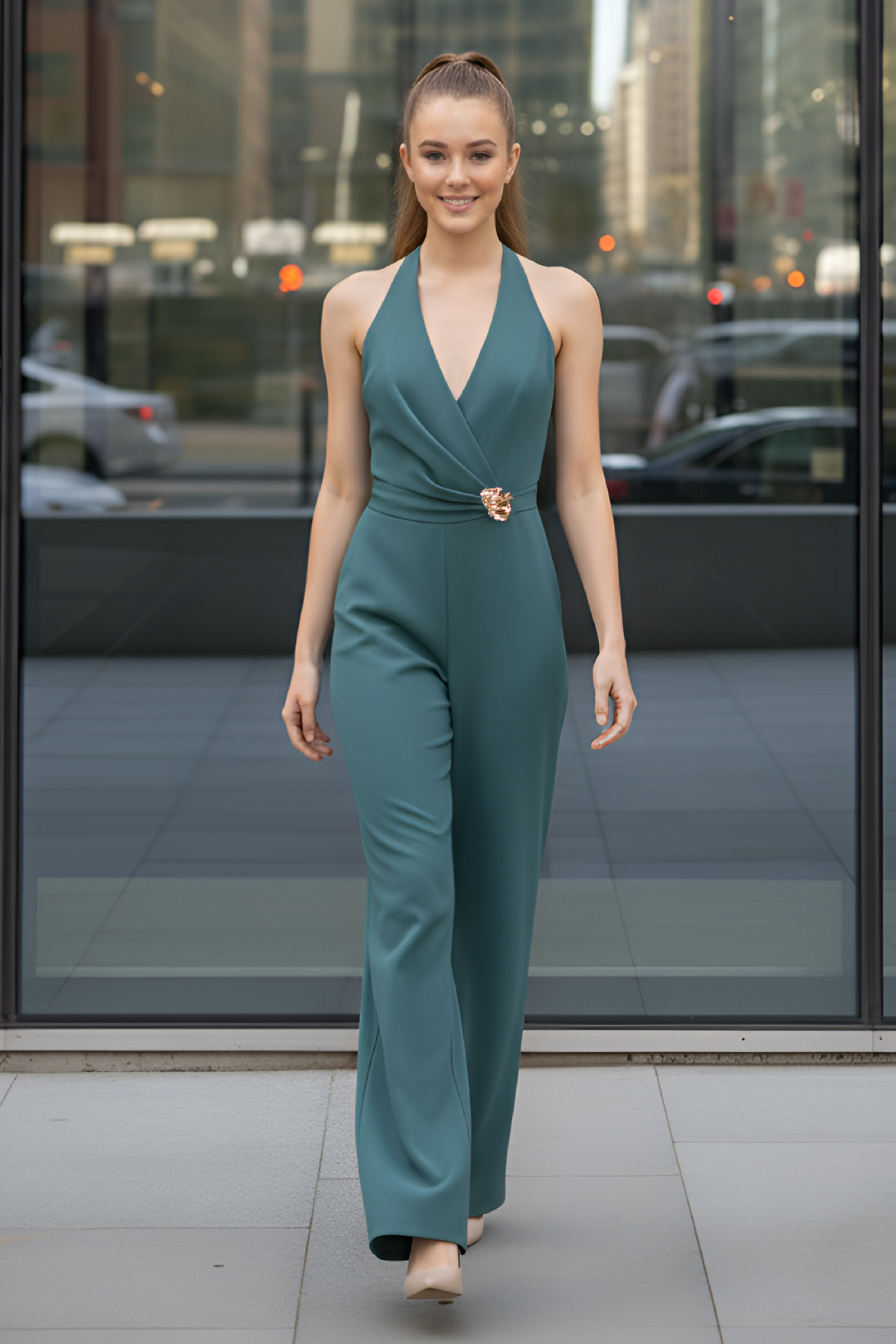 Sea-Green Halter Jumpsuit – Gold Brooch
